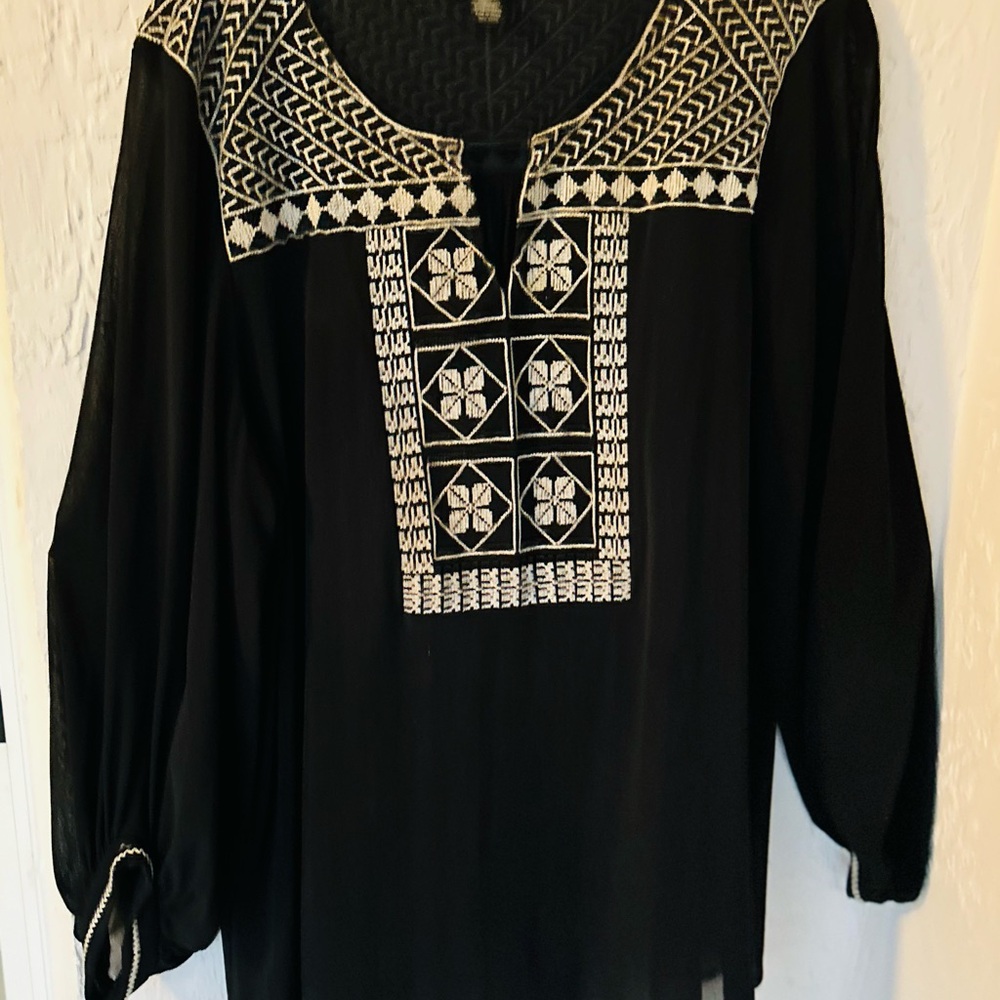 Alfani Black Blouse with White Embroidery